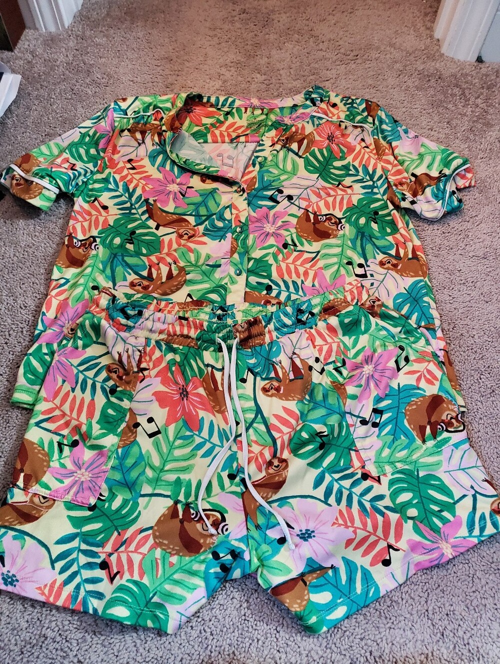 Cuddl Duds Floral Tropical Soft Cozy Musical Sloth Tropical PJ Set Size Large